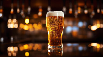 A light beer that is poured from beer tap on bar counter. - obrazy, fototapety, plakaty