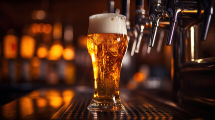 A light beer that is poured from beer tap on bar counter.