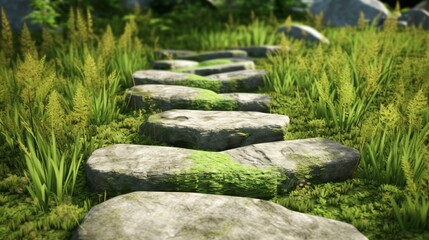 Grass growing up between the stones of a garden path.A botanical garden's detail