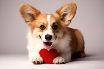 cute funny corgi holding red heart in studio. Concept Valentines day