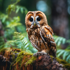 A tawny owl perched in forest.