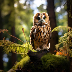 A tawny owl perched in forest.