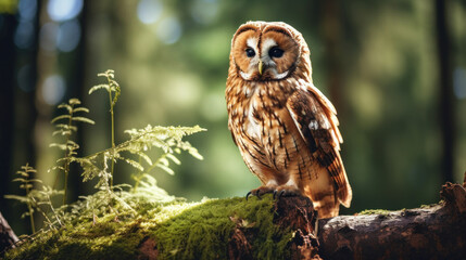 Obraz premium A tawny owl perched in forest.