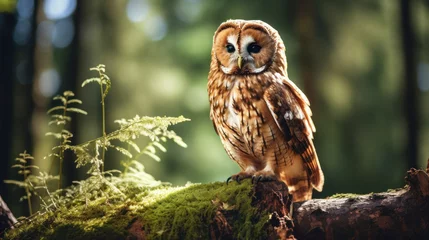 Poster A tawny owl perched in forest. © Wararat