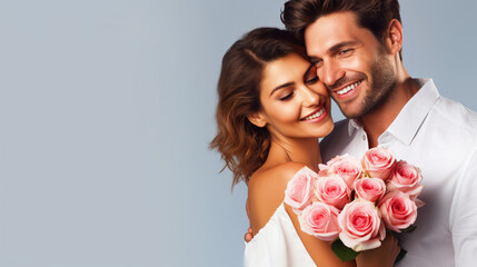 Romantic couple holding roses bouquet - ai generative - obrazy, fototapety, plakaty