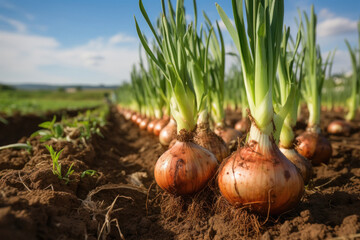 Onion plants row growing on field - obrazy, fototapety, plakaty