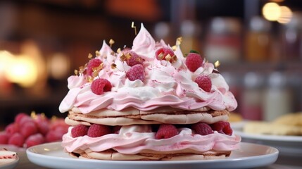 Obraz na płótnie Canvas Meringue biscuits are used to garnish a pink birthday cake