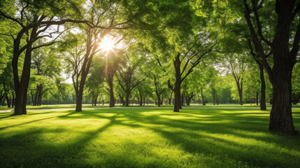 Fresh green nature, Trees in the park with green grass and sunlight.