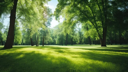 Fototapeten Fresh green nature, Trees in the park with green grass and sunlight. © Wararat