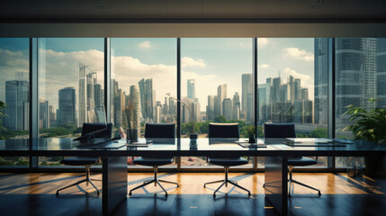 interior of meeting room office glass sectioning with city view.