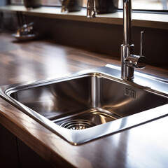 Stainless steel shiny perfectly clean sink in kitchen at home.