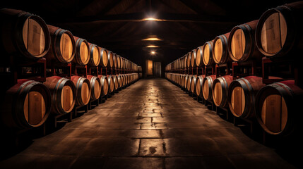 Wine or cognac barrels in the cellar of the winery.