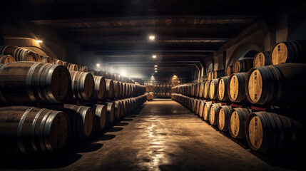 Wine or cognac barrels in the cellar of the winery.