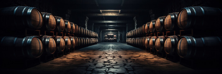Wine or cognac barrels in the cellar of the winery. - obrazy, fototapety, plakaty