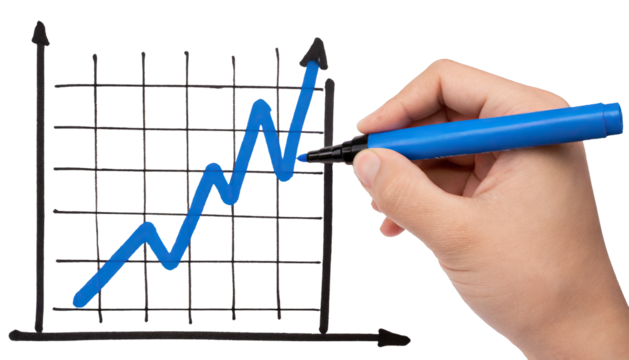 Hand drawing a graph using a blue marker - isolated on transparent background
