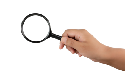 Hand holding a magnifying glass - isolated on transparent background