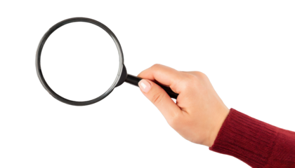 Hand holding a magnifying glass - isolated on transparent background