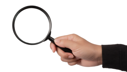 Hand holding a magnifying glass - isolated on transparent background