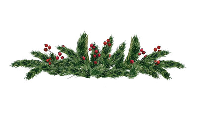 Watercolor banner of green spruce branches with red berries isolated on white background. Decorative banner with text space for design and decoration of cards for Christmas.