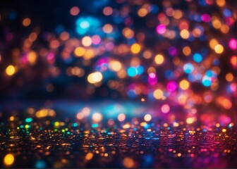 Fototapeta na wymiar Multicolor Bokeh, Blurry Lights, and Rainbow Confettis in the Night Cityscape