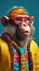 Monkey wearing colorful clothes. Vertical background