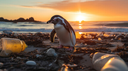 A penguin on the beach with garbage, plastic waste,  concept environmental pollution. Pollution of the ocean and coast. - obrazy, fototapety, plakaty