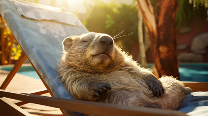 Wombat sunbathing lying on a sun lounger by the pool - obrazy, fototapety, plakaty
