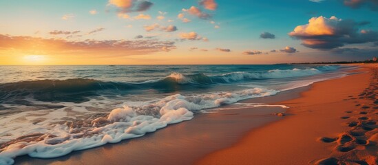 Gorgeous close beach sunset, boundless hazy horizon, mesmerizing sunshine. Relax, calmness sandy shore, sunbeams. Positive peacefulness ocean panorama. Summer beachscape elegance.