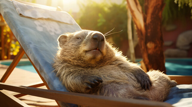 Wombat sunbathing lying on a sun lounger by the pool