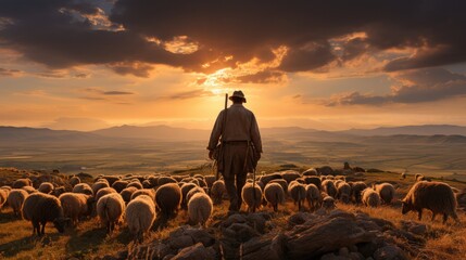 agriculture with sheep and farmer - obrazy, fototapety, plakaty