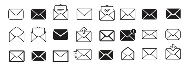 Email icon set. post mail vector symbol. message envelope sign in black filled and outlined style.
