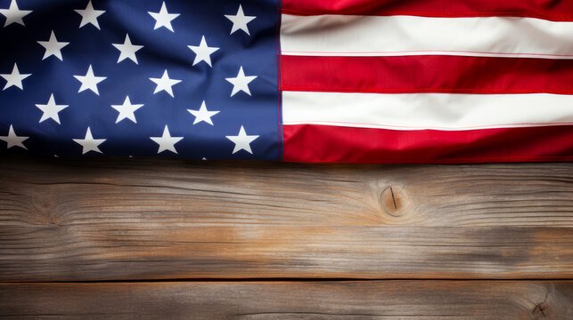 American flag of the United States on a wooden surface.