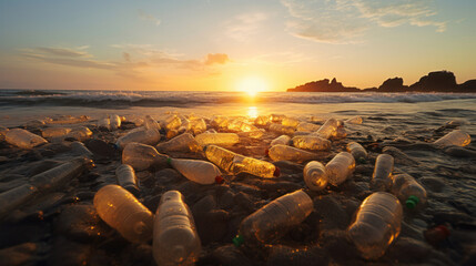 Obraz premium Environmental pollution, Plastic water bottles pollution on the beach.