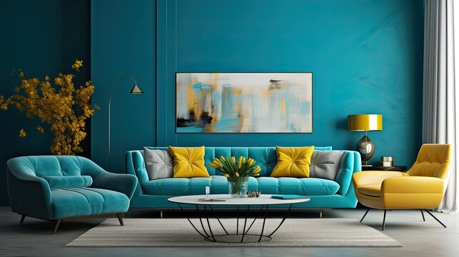 modern cozy living room with vibrant color wall contemporary interior design generative ai