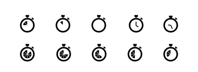 Stopwatch icons. Timer symbol. Outline stopwatch icon. Alarm pictogram.
