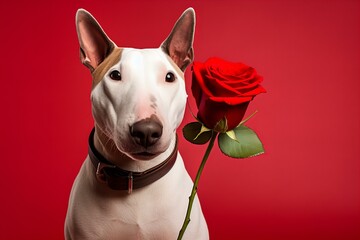 Valentines Day card with bullterrier with a beautiful red rose on a red background.