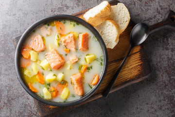 Creamy soup with red fish, potatoes, onions, carrots, celery and green dill in a bowl on the...