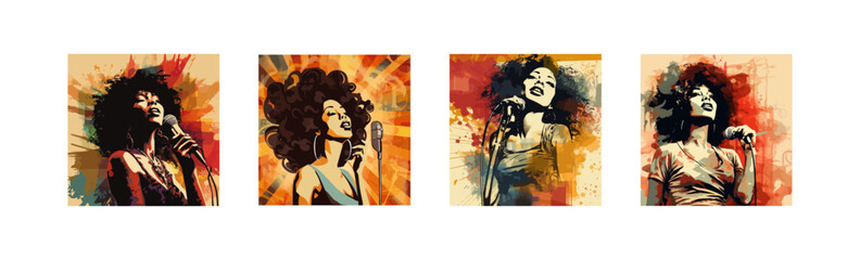 Afro merican jazz singer on grunge background. Vector illustration design. - obrazy, fototapety, plakaty