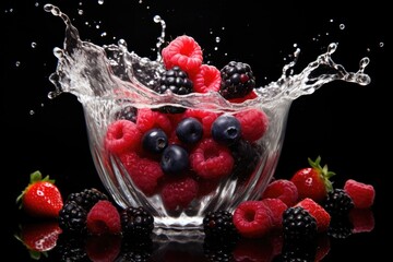 Fresh juicy berries in a bowl in water splash drops isolated on dark black background.