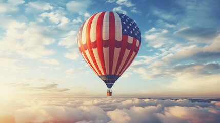 Fototapeta premium A hot air balloon, an airship flies in the clouds of the sky in the color of the flag of the United States of America.