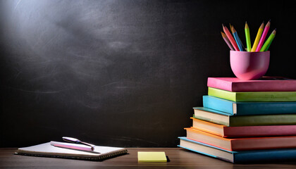 blackboard background with apple pencils sticky books
