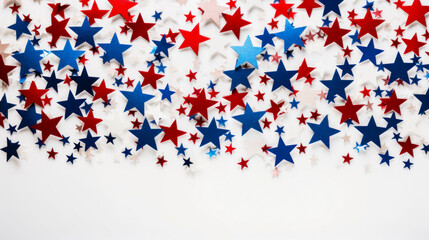 Star confetti in the colors of the United States of America flag on a white background. - obrazy, fototapety, plakaty