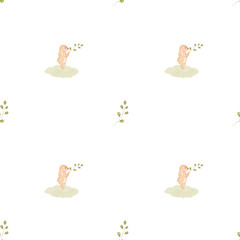 Watercolor seamless cute pattern with bunnies and twig. A nice hand-drawn drawing of a forest rabbit for printing on children's textiles and decorating children's parties.