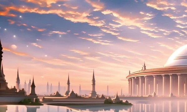 city skyline at sunset. Virtual cinematic video scene animated background