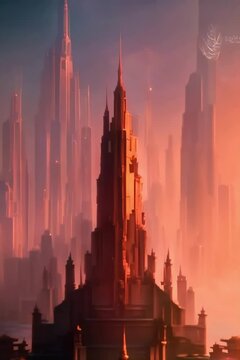 city at sunset in sci-fi cyberpunk. Virtual cinematic video scene animated background