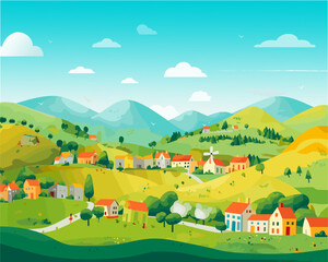 illustration vector of landscape with houses and mountains