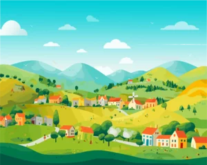 Deurstickers Koraalgroen illustration vector of landscape with houses and mountains