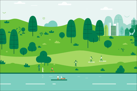 illustration vector of Landscape with trees and grass and people doing sports