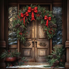 Fototapeta na wymiar Artistic rendering of a festive wreath with holly berries, pinecones, and a red bow on a wooden door