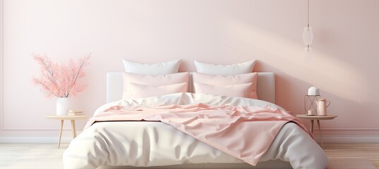 Cozy Bedroom Interior with Modern Trendy Soft Peach Fuzz Color Bedding - Free Copy Space Included